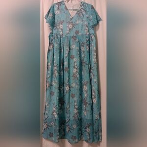 New Blue Maxi Dress Floral Print Short Flutter Sleeves V Neck Empire Waist Sz XL